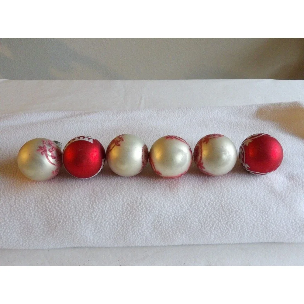 Vintage Lot 6x Glass Ball Red White Glitter Christmas Ornament Flower 1.75